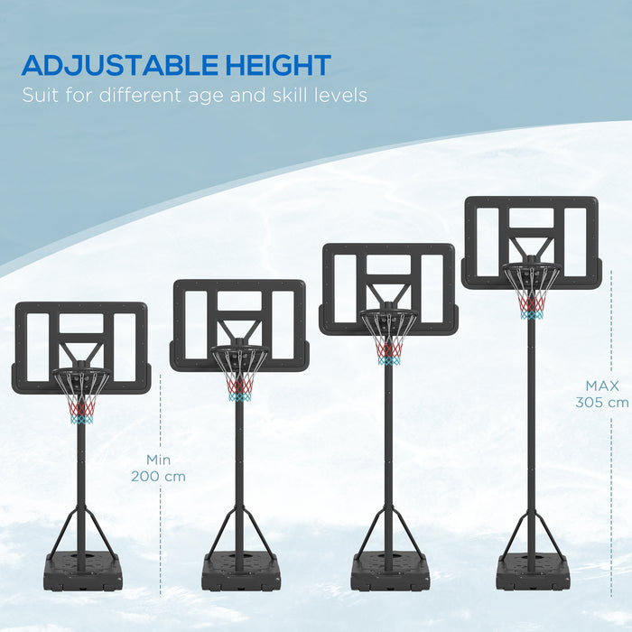 Adjustable Basketball Hoop Stand with Net - Portable, Height-Adjustable 200-305cm, with Wheels, Black - Ideal for Outdoor & Indoor Play for All Ages