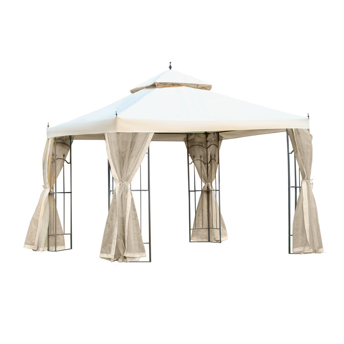 300x300cm Double-Tiered Garden Gazebo - Beige Outdoor Canopy with Sun Shade, Patio Event Shelter, and Mesh Curtains - Ideal for Backyard Parties and Gatherings