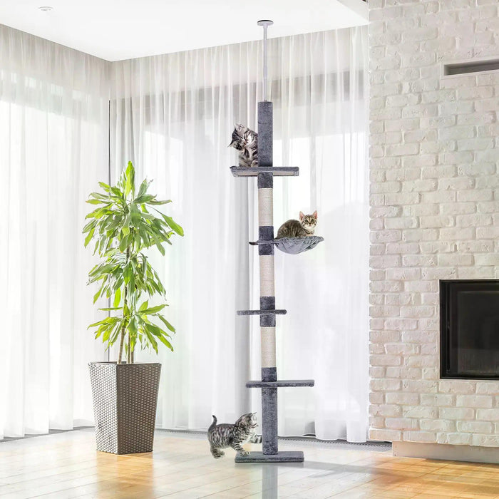 Cat's Empire Adjustable High-Rise Scratching Post - 5-Level Plush Platforms for Feline Fun, Grey - Ideal for Indoor Cats' Exercise and Entertainment