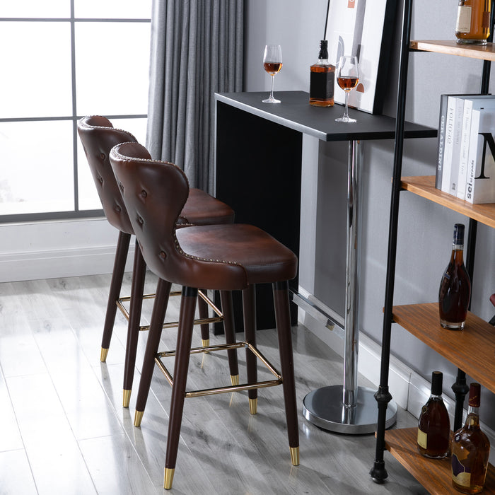 Luxury European Counter-Height Bar Chair Set - Vintage Brown PU Leather Stools with Backs - Elegant Seating for Kitchen and Bar Areas