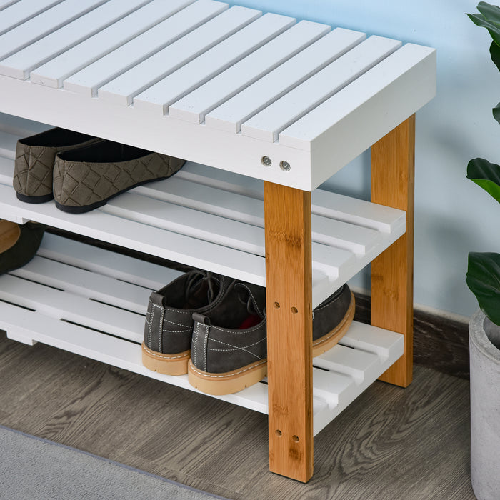 3-Tier Wooden Shoe Bench with Storage - Slatted Rack, Hidden Compartment, Natural Finish - Entryway Home Organizer, 90x29x45cm