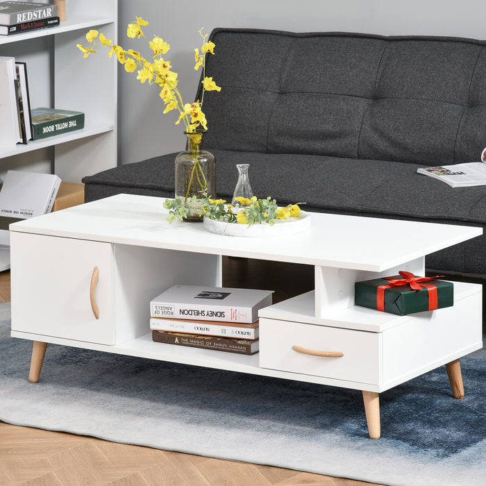 Modern Minimalism Storage Coffee Table - Sofa Side Table with Shelf & Drawer, White - Ideal for Living Room and Reception Room Organization