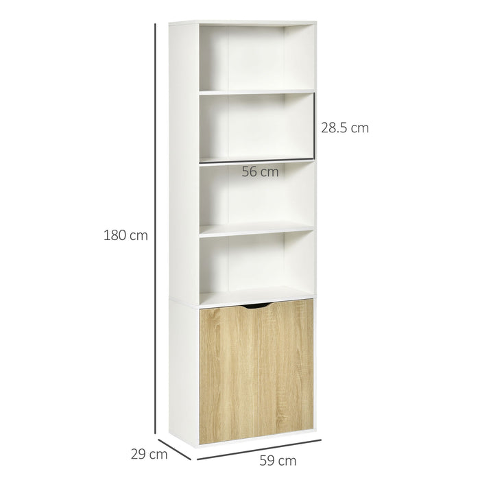 Tall Modern Bookcase with 2 Doors and 4 Shelves - White and Oak Finish Cupboard for Living Room, Study, Bedroom - Ideal for Home Office Storage & Display