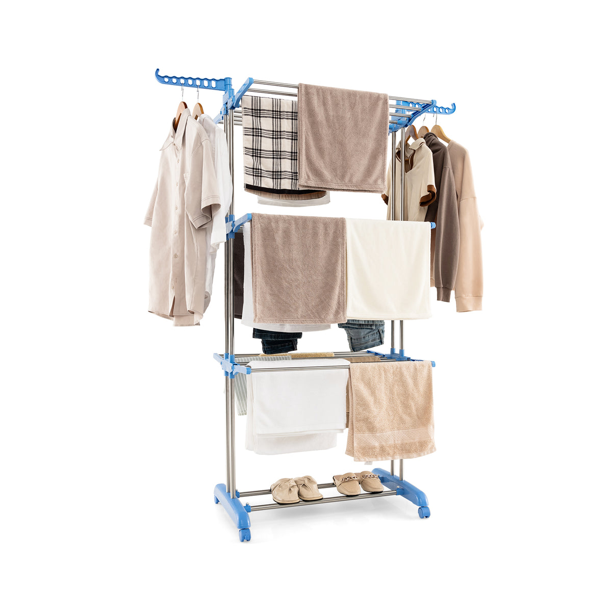 4-Tier Blue Clothes Drying Rack - Foldable Design, Lockable Wheels - Ideal for Space Saving Home Laundry Solution