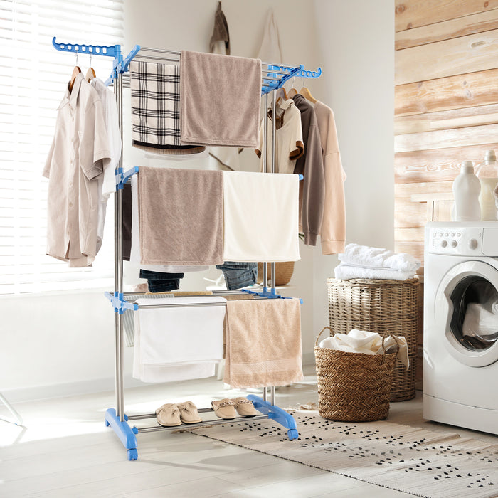 4-Tier Blue Clothes Drying Rack - Foldable Design, Lockable Wheels - Ideal for Space Saving Home Laundry Solution