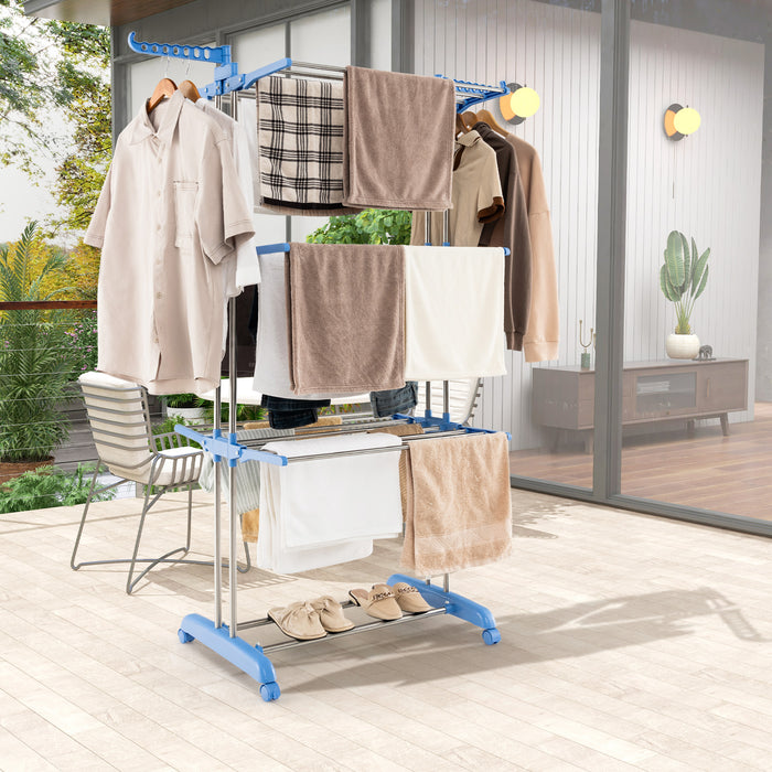 4-Tier Blue Clothes Drying Rack - Foldable Design, Lockable Wheels - Ideal for Space Saving Home Laundry Solution