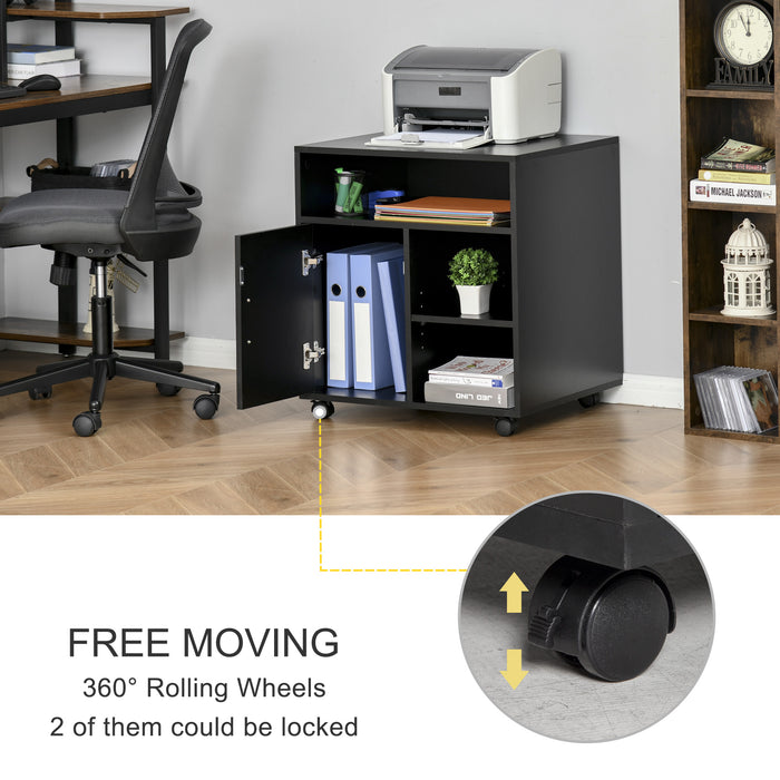 Mobile Rolling Printer Stand with Multiple Storage Shelves - Modern Office Side Desk Organizer, 60x50x65.5 cm, Black - Ideal for Workspace Organization and Mobility