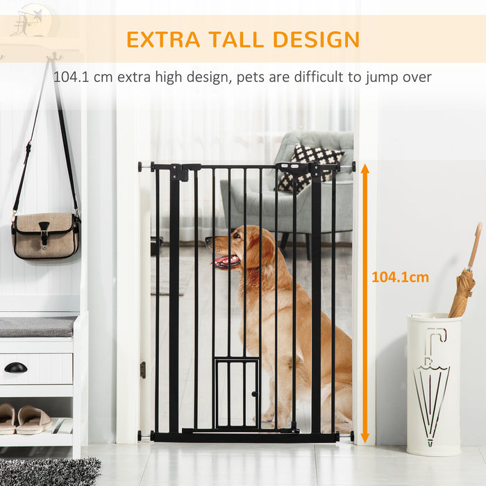 Extra Tall Indoor Safety Pet Gate with Cat Door - Auto-Closing Dog Barrier 74-101cm Wide - Ideal for Keeping Pets Separate in Home, Black