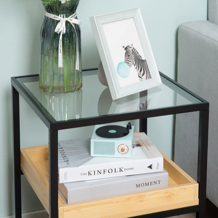 3-Tier Glass Top Side Table - End Table with Storage Shelves & Sturdy Steel Frame - Versatile Nightstand for Bedroom Organization
