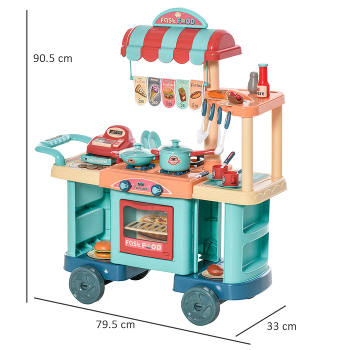 Kids Kitchen Playset Trolley with Accessories - 50 Pcs Child-Friendly Fast Food Cart with Play Food, Money, and Cash Register - Imaginative Play Gift for Ages 3-6