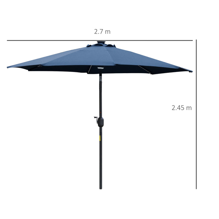Outdoor Solar LED Parasol - 2.7m Angled Canopy Sun Umbrella with Vent and Crank Tilt Function, Blue - Ideal Summer Patio Shelter