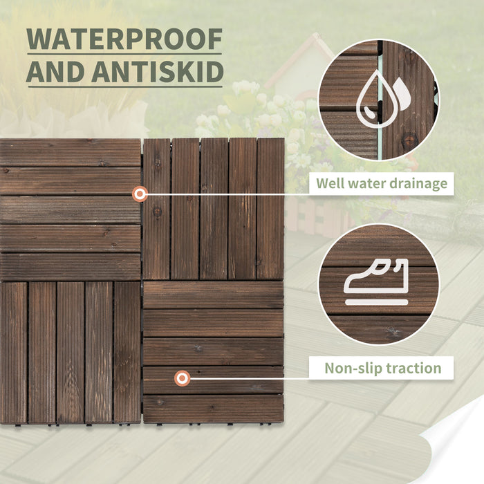 27-Piece Solid Wood Deck Tiles - Interlocking Patio and Balcony Flooring Set with Black Finish, 30x30cm Each - Ideal for Roof Terraces and Hot Tub Surrounds