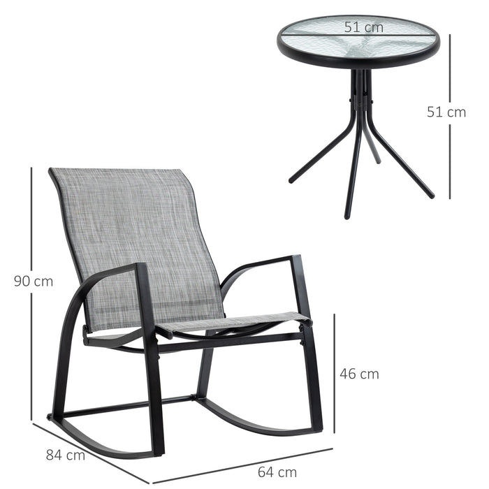 3-Piece Patio Bistro Set - Rocking Chairs with Tempered Glass Table for Outdoor Use - Ideal for Garden, Porch, Poolside Comfort in Grey