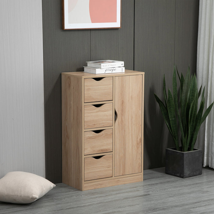 Freestanding 4-Drawer and Door Cupboard Storage Cabinet - Versatile Utility for Bathroom, Kitchen, Bedroom - Elegant Natural Design for Organized Living Spaces