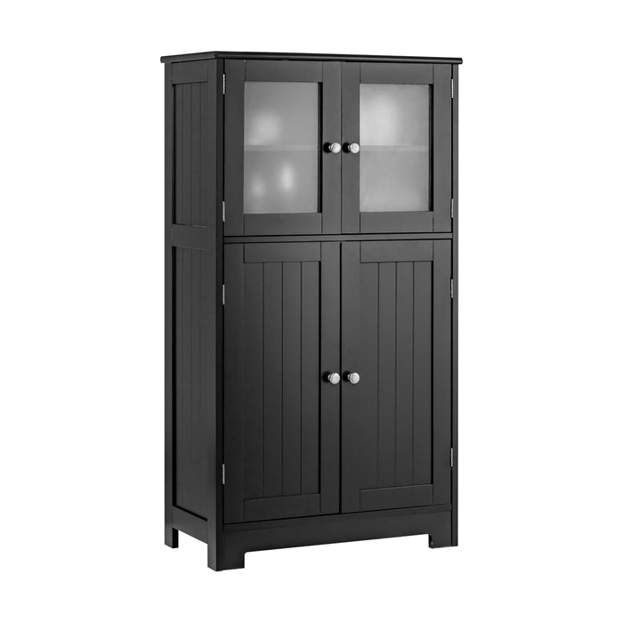 Bathroom Floor Cabinet - 4-Door Model with Glass Doors and Adjustable Shelf in Black - Ideal Storage Solution for Organization Enthusiasts