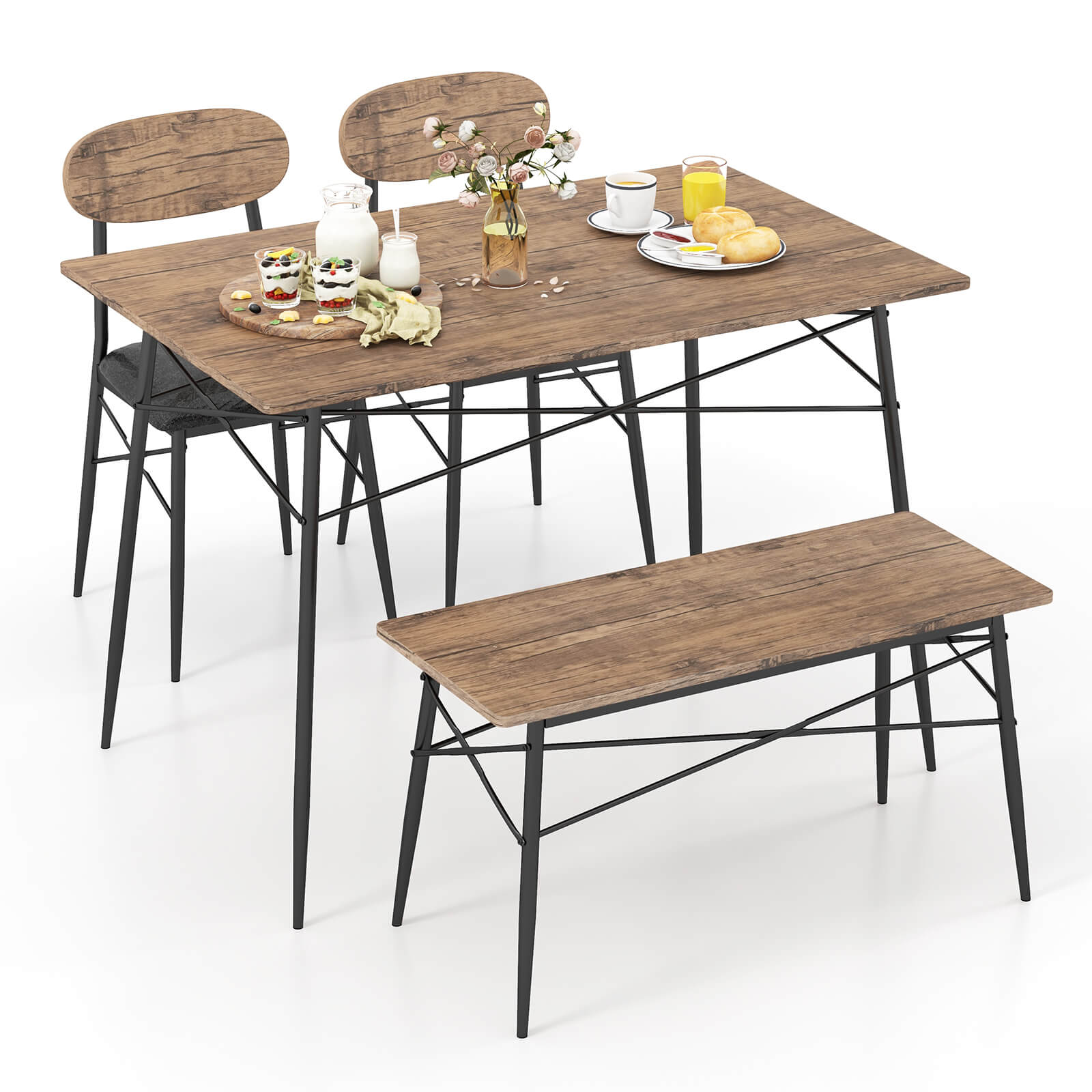 Dining Table Set with 4 Pieces - Includes Bench & Faux Leather Chairs - Ideal for Home Dining Room Furniture