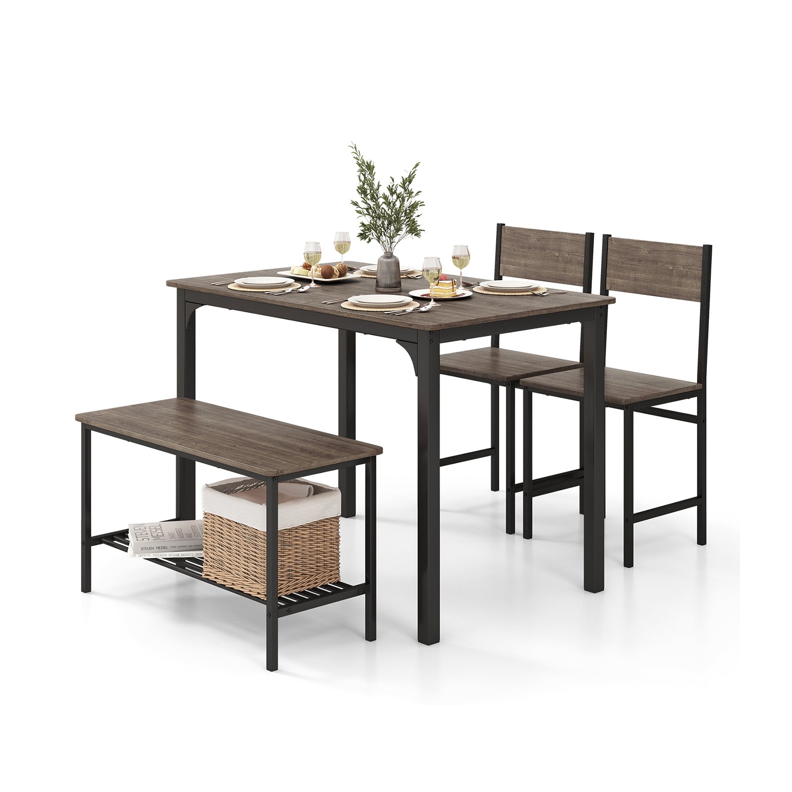 Grey Dining Set with Storage Shelf - 4-Piece Metal Frame Design - Ideal for Space Saving in Dining Rooms and Kitchens