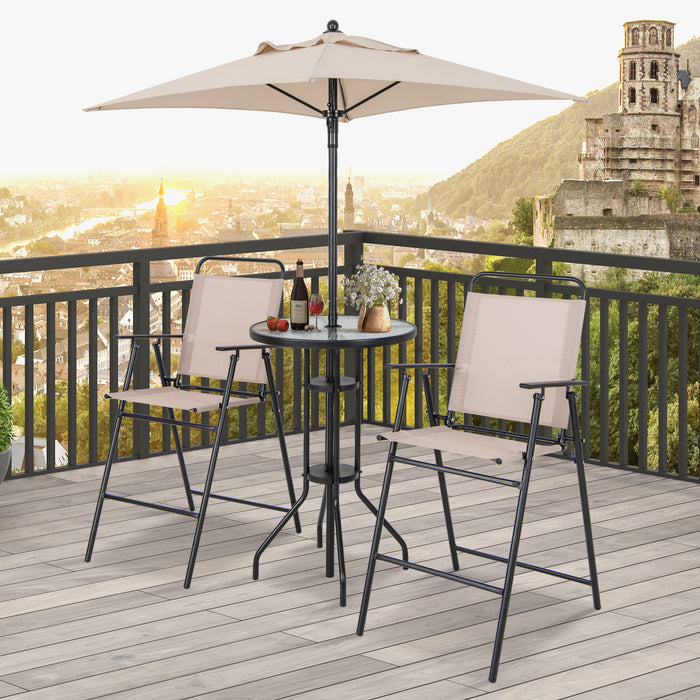 4 Pieces Outdoor Bar Set - Includes 2 Folding Counter Height Chairs and Umbrella - Ideal for Garden Parties and Dining Al Fresco
