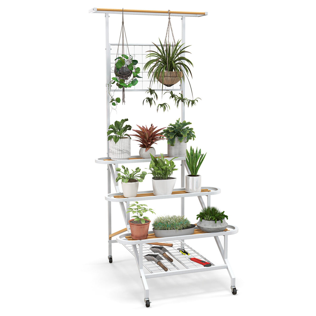 4-Tier Plant Stand - Hanging Bar and Trellis Design for Multiple Plants - Ideal for Garden Enthusiasts and Space Saving Solutions