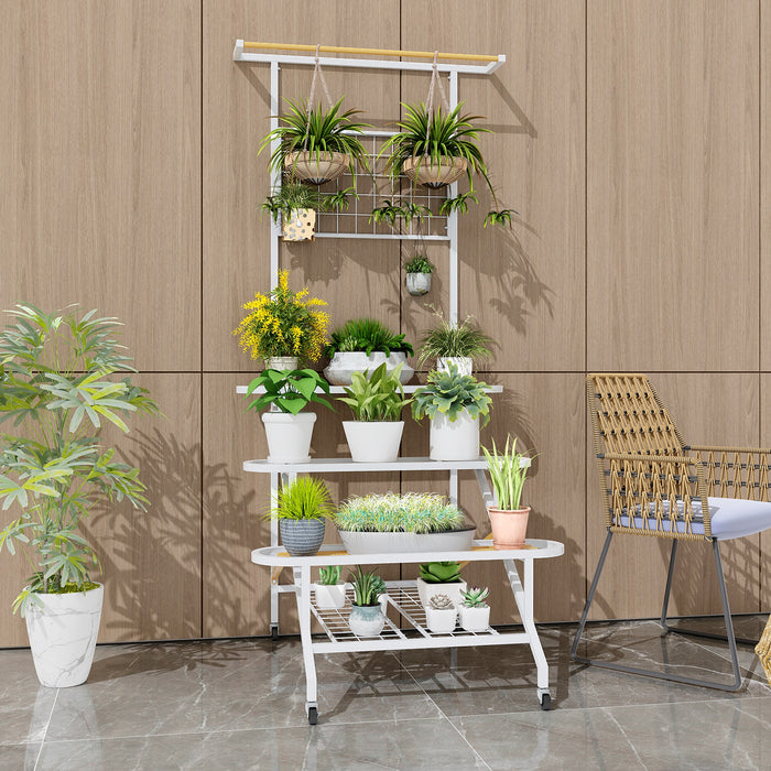 4-Tier Plant Stand - Hanging Bar and Trellis Design for Multiple Plants - Ideal for Garden Enthusiasts and Space Saving Solutions