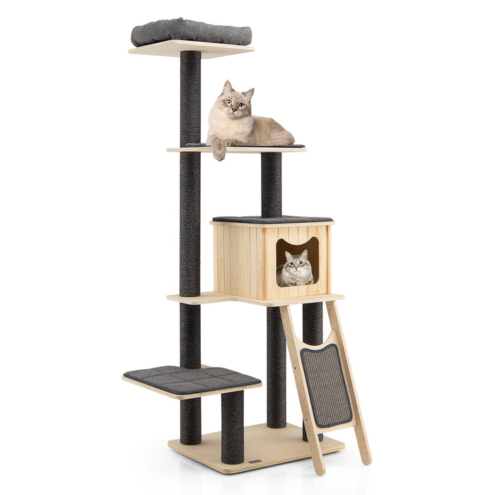 4-Tier Tall Cat Play Tower - Scratching Sisal Posts, Grey Color - Perfect for Cats to Scratch, Play and Climb