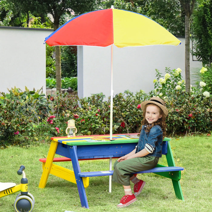 Colorful Kids Picnic Table and Bench Set with Sandbox - Outdoor Wooden Rainbow Furniture with Removable & Height Adjustable Parasol - Perfect for Garden, Patio, Backyard & Beach Playtime