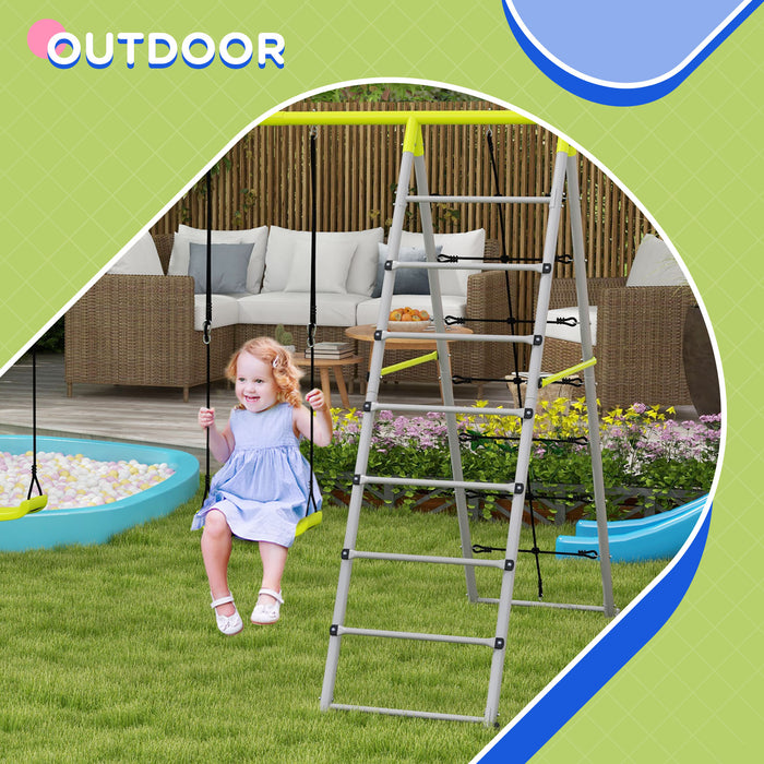 4-in-1 Metal Garden Swing Set - Double Swings, Climber, Climbing Net in Green - Outdoor Play Equipment for Children