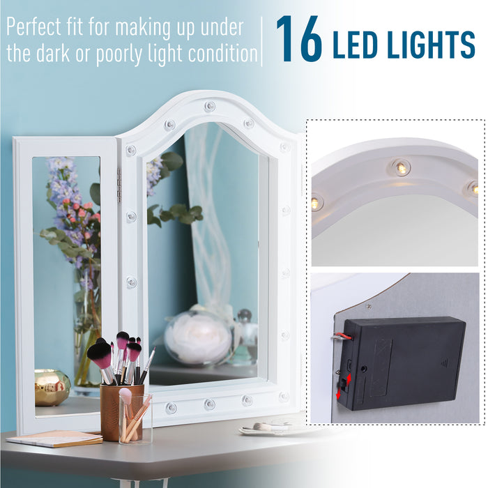 Freestanding Trifold Mirror with LED Lights - Lighted Tabletop Vanity, Large Cosmetic Mirror for Makeup - Foldable Design for Bedroom Use, Battery-Powered, White
