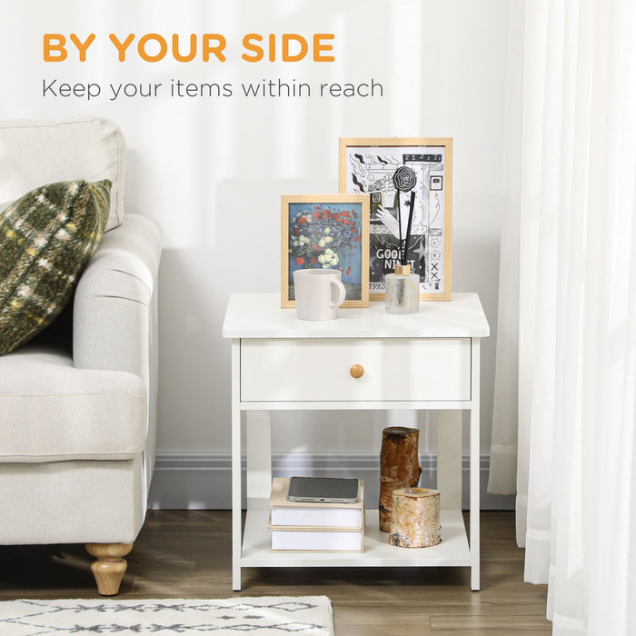 White Bedside Table with Storage - Square Side End Table with Drawer & Lower Shelf - Functional Nightstand for Bedroom, Living Room Spaces