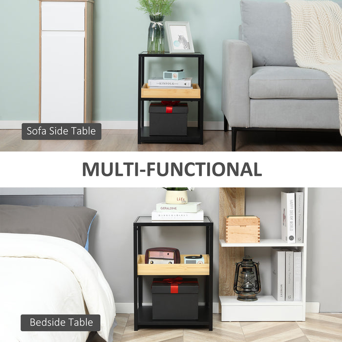 3-Tier Glass Top Side Table - End Table with Storage Shelves & Sturdy Steel Frame - Versatile Nightstand for Bedroom Organization