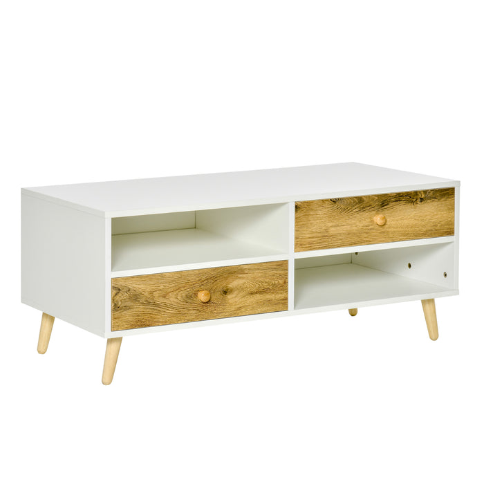 Rectangular Coffee Table with Storage - Dual-Drawer Side Table with 2 Shelves, White and Brown Finish - Stylish Organization for Living Room, Bedroom, Office