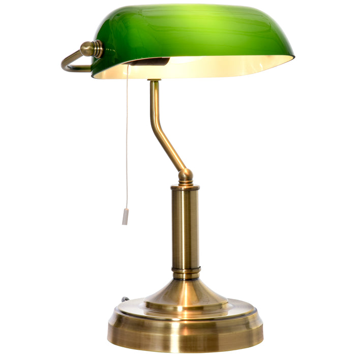 Antique Bronze Banker's Table Lamp - Green Glass Shade Desk Light with Pull Rope Switch - Classic Lighting for Home Office & Living Spaces