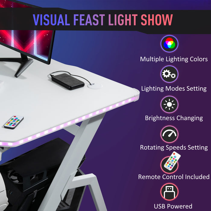 Ergonomic Racing Gaming Desk - RGB LED Lighting, Headphone Hook, Cup Holder, Controller Stand - Ideal for Gamers and Home Office Setup