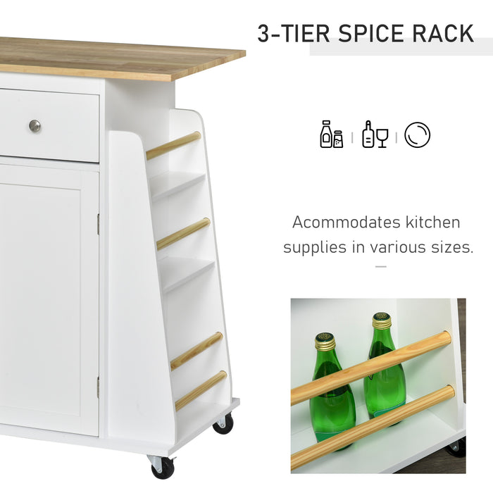 Kitchen Island Cart with Rubberwood Worktop - Rolling Trolley Storage Unit with 3-Tier Spice Rack, Spacious Cabinet & Drawers - Ideal for Kitchen Organization and Extra Counter Space