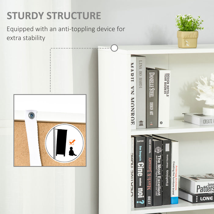 Modern White 2-Door Tall Bookcase with 4 Shelves - Contemporary Storage Cupboard and Display Unit for Living Room, Study, and Bedroom - Ideal Organizational Furniture for Home or Office