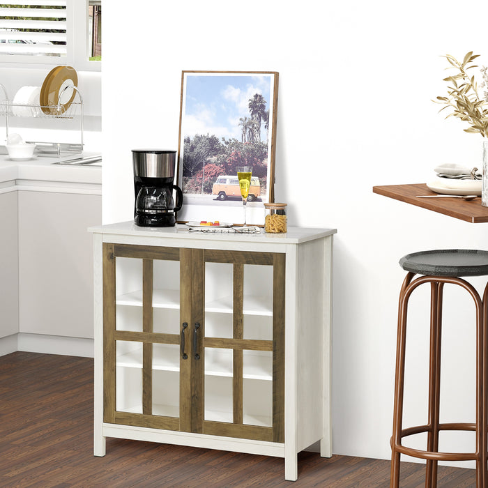 Distressed White Kitchen Sideboard - Glass Door Accent Cupboard with Adjustable Shelf Storage - Elegant Organization for Dining and Living Areas