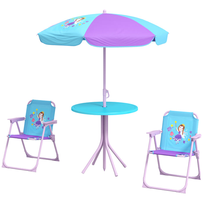 Kids Fairy-Themed Picnic Table Set - Foldable Chairs & Adjustable Parasol for Outdoor Use - Perfect Garden Furniture for Children's Parties and Playdates
