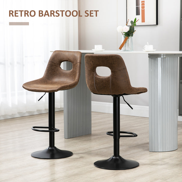 Retro-Style Adjustable Bar Stools Set of 2 - Faux Leather High Back Breakfast Chairs with Footrest, Brown - Ideal for Kitchen and Dining Area Comfort
