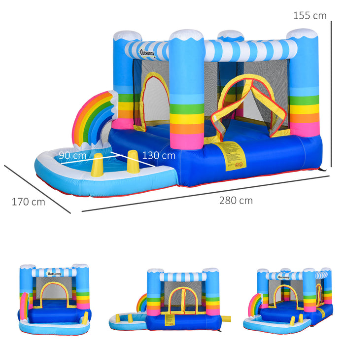 Kids Rainbow Inflatable Bouncy Castle-Trampoline Combo - 2.9 x 2 x 1.55m with Water Pool and Blower - Perfect Outdoor Play Structure for Children Ages 3-12