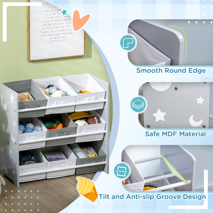 9-Bin Kids Storage Organizer - Removable Baskets and Bookshelf Combo for Nursery & Playroom - Space-Saving Toy Box and Shelving Unit in Grey