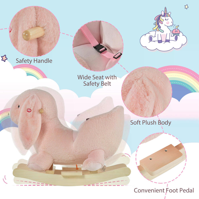 Plush Rabbit Rocker for Toddlers - Soft, Pink Rocking Ride-On Toy with Sound Effects - Ideal for Sensory Play and Balance Development