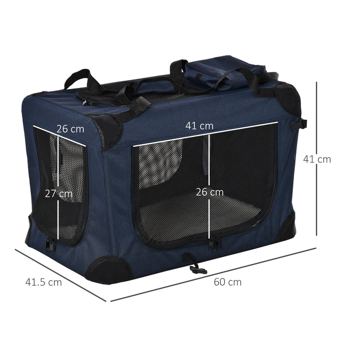 Portable Soft-Sided Pet Carrier - Folding Dog and Cat Travel Crate with Cushion, 60x41.5x41cm, Dark Blue - Ideal for Comfortable and Secure Pet Transport