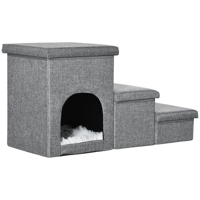 3-Step Pet Stairs with Cozy Kitten House and Storage - Dog Steps for Sofa Accessibility - Multi-functional Ramp with Washable Cushion for Small Pets