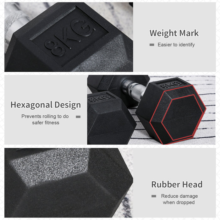 Hexagonal Rubber Dumbbell Set - Home Gym Weights for Strength Training and Fitness - Ideal for Exercise and Lifting, 5kg, 6kg, 8kg Pairs