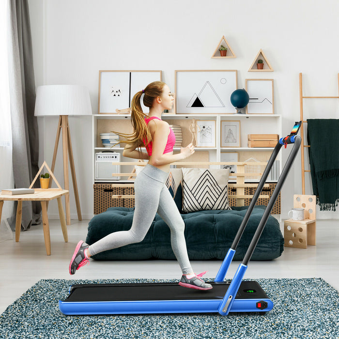 Blue Folding Treadmill with LED Display - Innovative Home Fitness Equipment with Bluetooth Speakers - Perfect Solution for Indoor Cardio Workouts and Music Enthusiasts