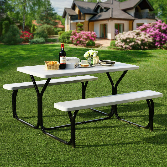 White Outdoor Picnic Bench Set - Metal Base with Wood, Perfect for Family Picnics and Gatherings - Ideal Solution for Patio or Backyard Seating Needs