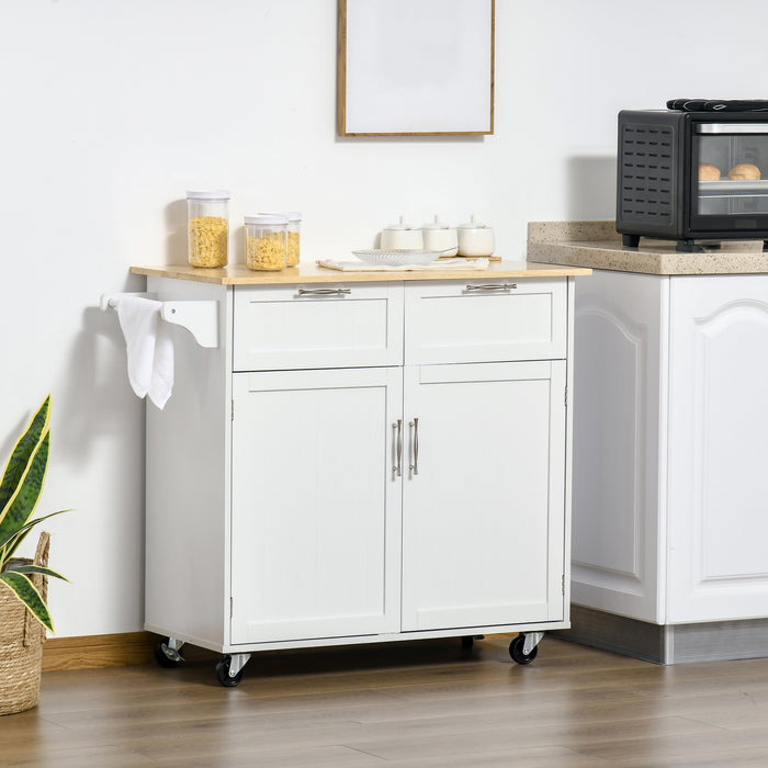 Modern Rolling Kitchen Cart - Rubberwood Top with 2 Drawers, Storage Utility Trolley in White - Ideal for Home Chefs & Extra Counter Space