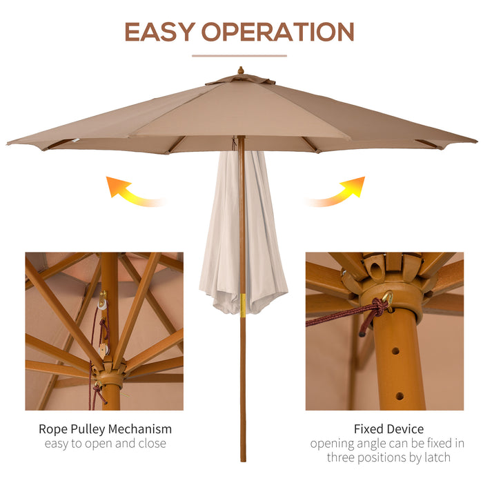 Wooden Garden Parasol with Bamboo Frame - 3m Khaki Sun Shade with 8 Rib Canopy for Outdoor Patio Use - Stylish and Durable Weather Protection