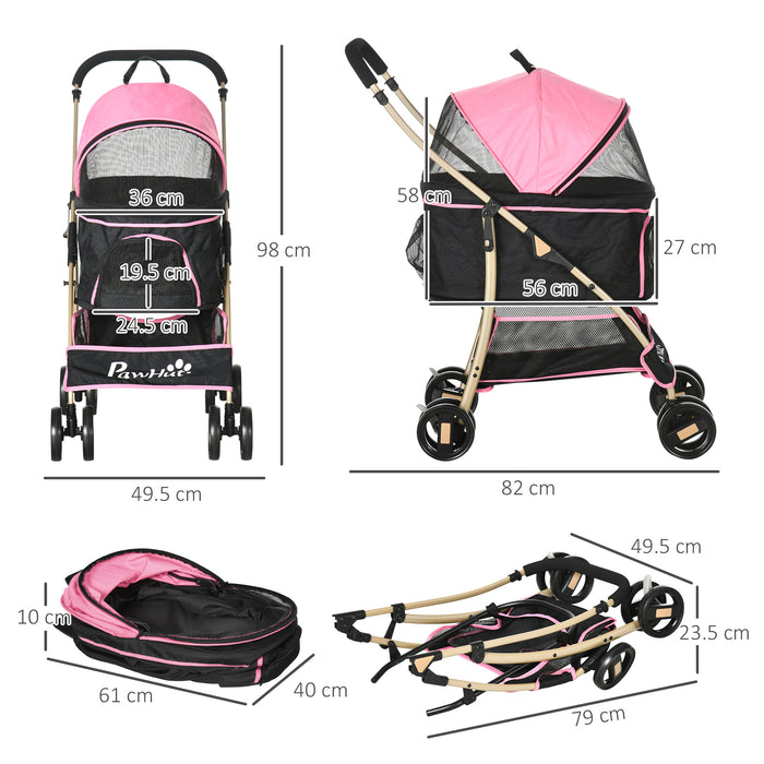 3-In-1 Detachable Pet Stroller - Dog and Cat Travel Carriage with Foldable Design, Universal Wheel Brake, Canopy, and Storage Basket - Ideal for Pet Transportation in Pink