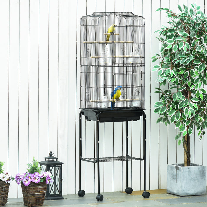 Bird Cage with Stand - Wheeled Finch, Canary, and Parakeet Habitat with Slide-Out Tray - Includes Storage Shelf, Ideal for Bird Lovers and Pet Safety